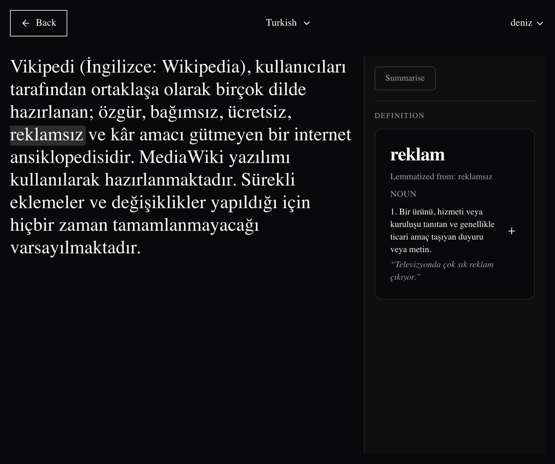 LangStash reader showing text comprehension tools